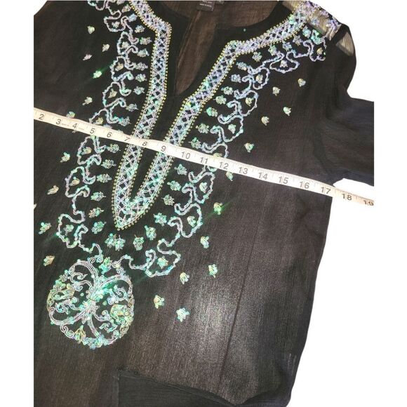 Venus Black Semi Sheer Silk Turquoise  Sequin Embroidered Beaded Tunic S - Picture 10 of 14